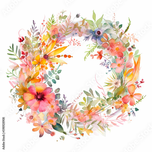 Bunter Regenbogen Blumenkranz gezeichnet mit Wasserfarben Aquarell Perfekt für Sommer Frühlings Hochzeit Feste Taufe Einladungskarten mit bunten Wildblumen