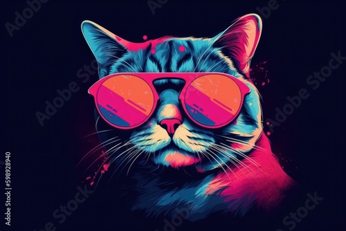 Cat in sunglasses. Colorful illustration of cat's face with sunglasses, generative Ai © Angus.YW