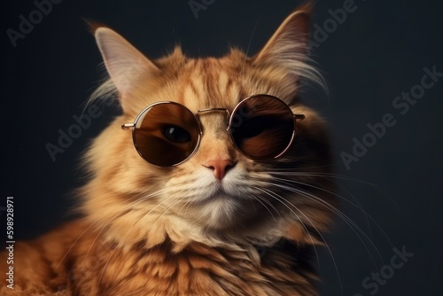 Portrait of a beautiful ginger cat with sunglasses on a dark background, generative Ai
