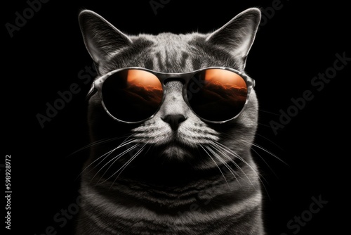 Portrait of a cat wearing sunglasses. Isolated on black background, generative Ai