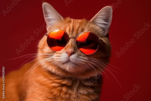 Portrait of a red cat with sunglasses on a red background, generative Ai © Angus.YW