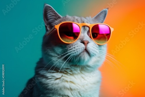 Cute cat with orange sunglasses on colourful background, generative Ai