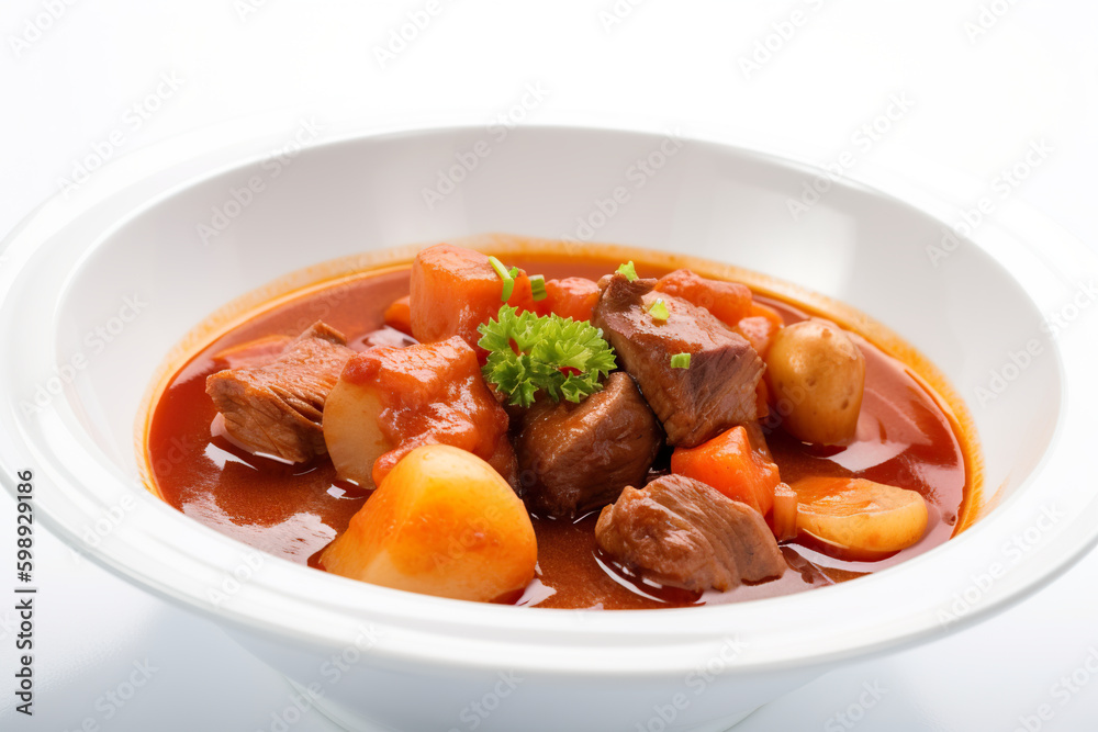 Menudo - a tomato-based stew made with pork, liver, potatoes, and carrots, AI generative food from Philippines, Filipino dish.