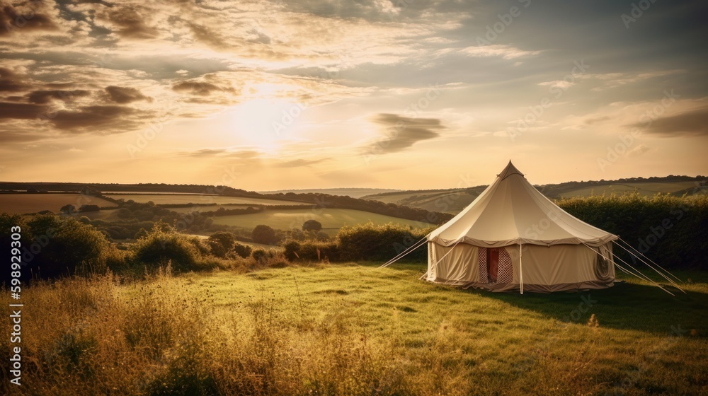 Beautiful sunset over a tent on a meadow in the countryside, generative Ai