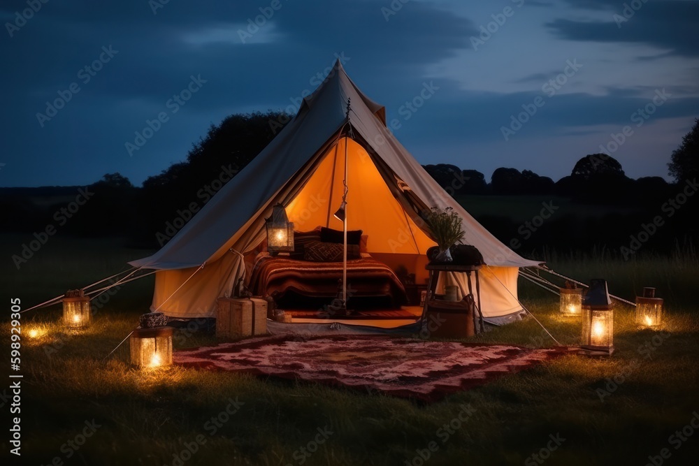 Camping tent in the countryside at night. Tourism and travel concept, generative Ai