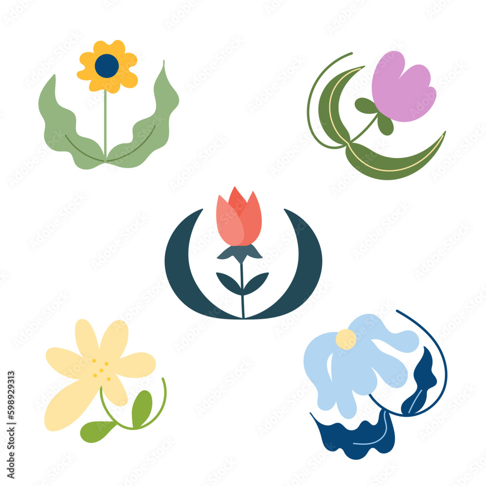 Set: isolated hand drawn flowers with rounded shapes. Vector illustration, flat design