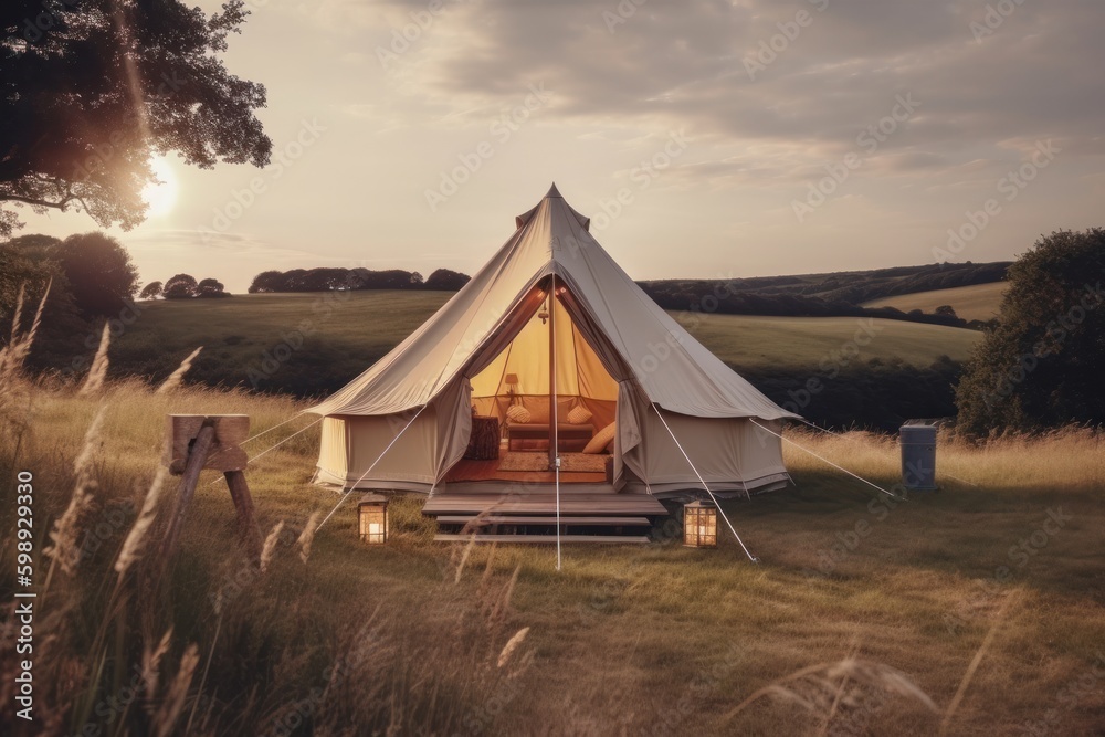 Camping tent on the meadow at sunset, vintage style, generative Ai