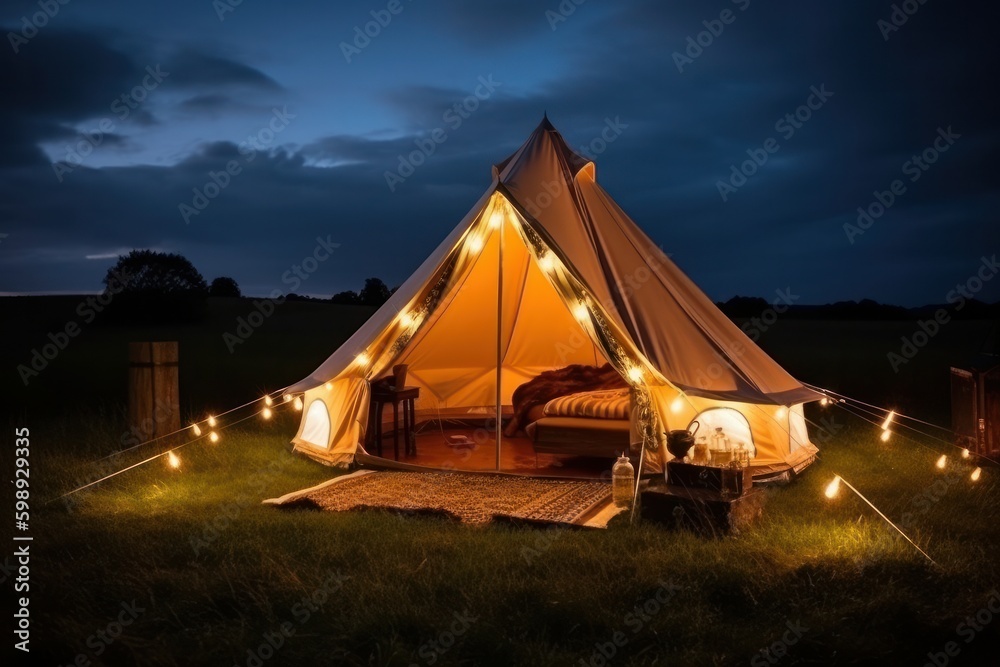 Camping tent on a field at night. Camping equipment, generative Ai
