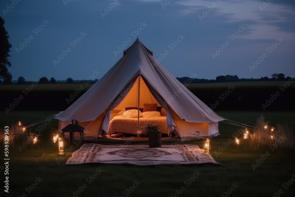 Camping tent in the field at night. Camping concept, generative Ai
