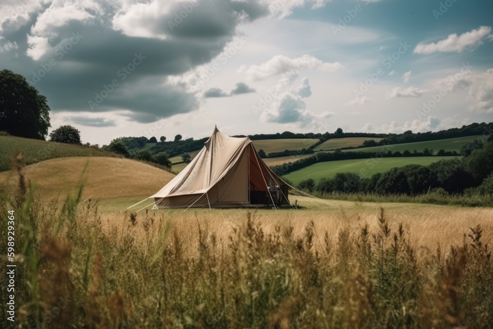 Camping tent in the field with a beautiful landscape in the background, generative Ai