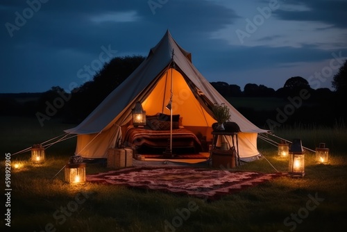Camping tent in the countryside at night. Tourism and travel concept, generative Ai © Angus.YW