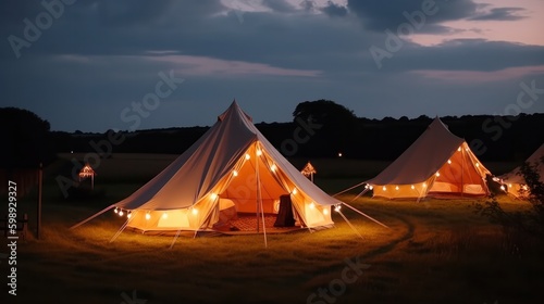 Camping tent in the field at night. Travel and camping concept, generative Ai