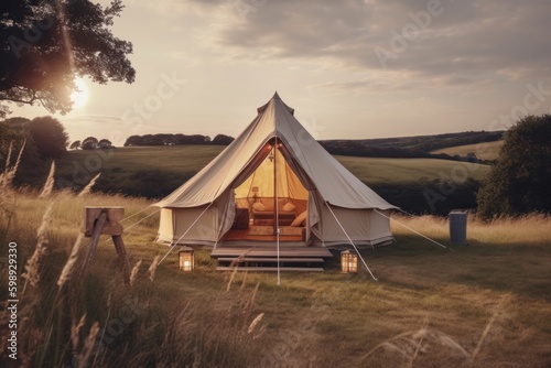 Camping tent on the meadow at sunset  vintage style  generative Ai