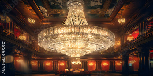 A grand ballroom featuring a luxurious chandelier that creates an opulent and sophisticated ambiance