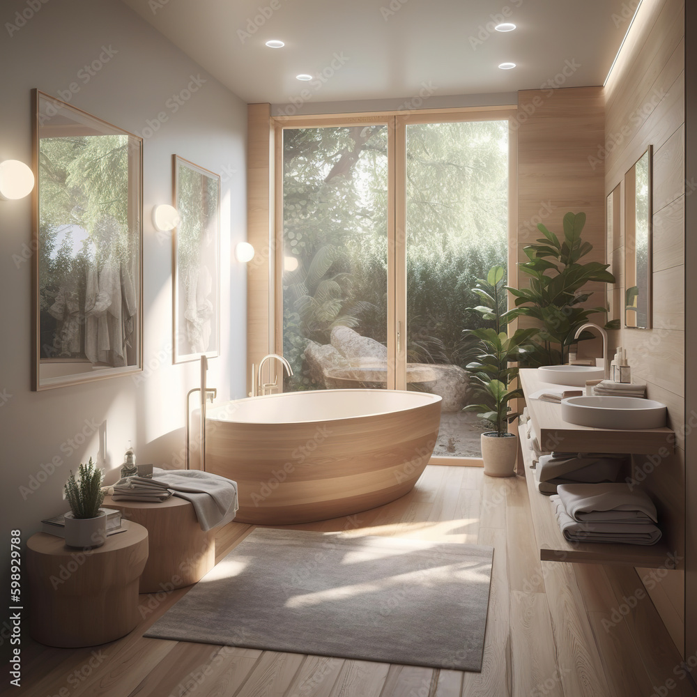 Fototapeta premium A bath room with a tub a sink and a window. AI generative. Cosy Norvegian house