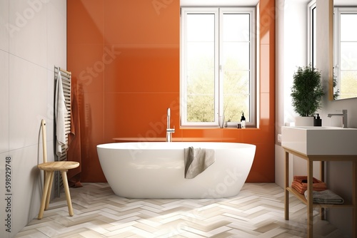 Blank horizontal poster frame mock up in minimal style bath room interior, modern bath room interior background © AKKA