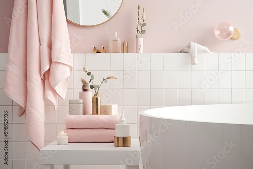 Fototapeta Naklejka Na Ścianę i Meble -  Blank horizontal poster frame mock up in minimal style bath room interior, modern bath room interior background