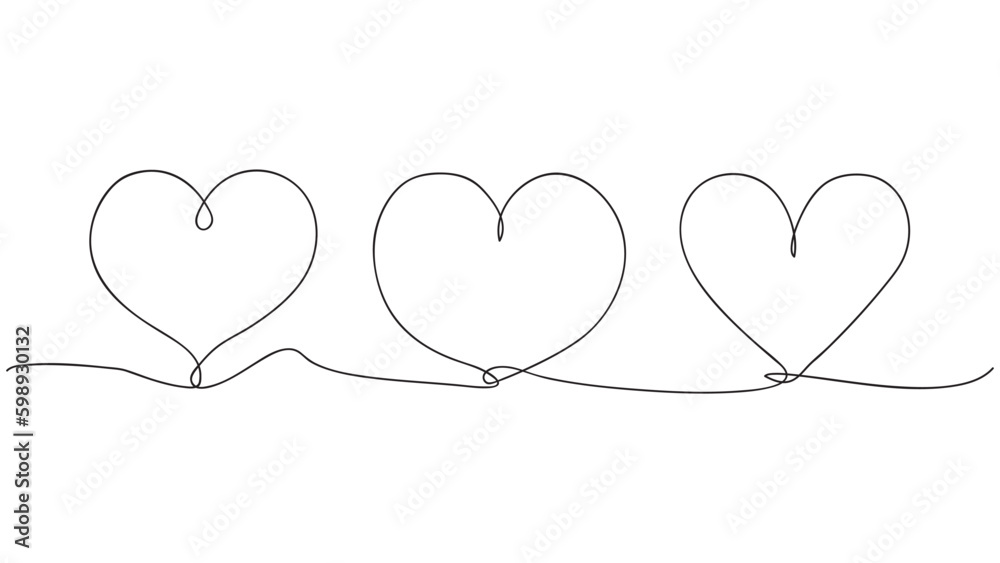 Hearts set. Continuous line art drawing. Vector illustration.