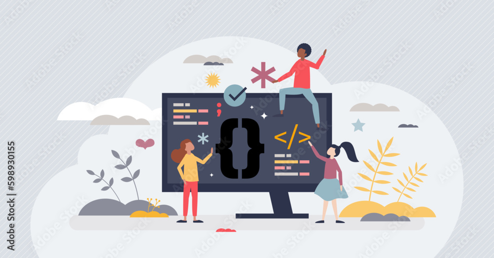 Coding for kids and writing script in digital language tiny person concept. Code learning for website project development vector illustration. Technology education for young children. Generative AI Coding for kids and writing script in digital language tiny person concept. Code learning for website project development vector illustration. Technology education for young children. Generative AI