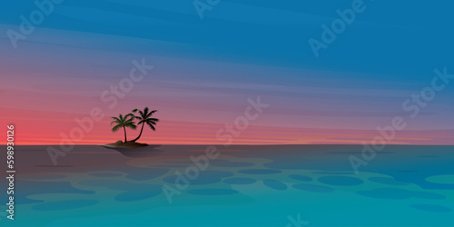 Sunset at the ocean with small tropical island and palm trees flat design. Travel concept vector illustration background.