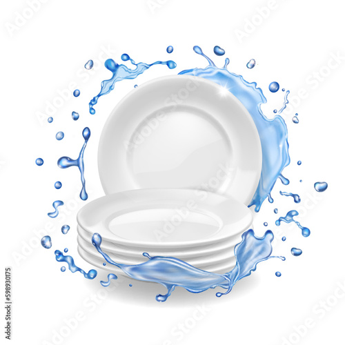 Plates stack in water splash. White clean dishes mockup. Dishwashing stacked kitchen tableware.Realistic 3d realistic vector illustration