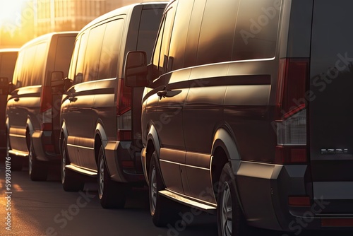 Obraz na plátně Close-up detail tail light view of many modern luxury black vans parked in row at car sale rental leasing dealer against sunset