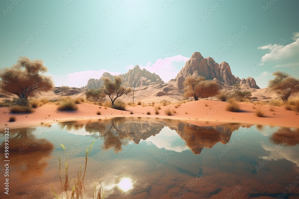 A surreal illustration of a distorted or manipulated natural landscape, such as a desert or savanna, Generative AI