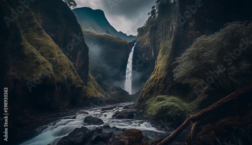 A majestic dramatic mountain scene with beautiful waterfall. Fish eye, wide angle and aerial photography for background or backdrops wallpaper. Generative AI.