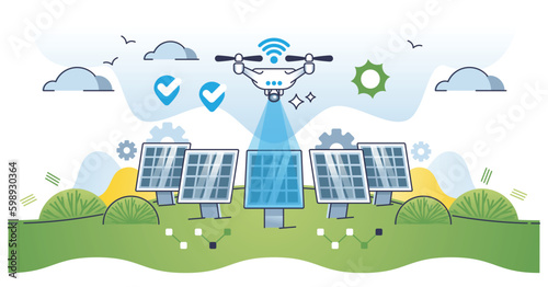 Drones for solar inspection as automatic technical checkup outline concept. Renewable energy panel efficiency diagnostics with autonomous flight vector illustration. Unmanned robot Generative AI