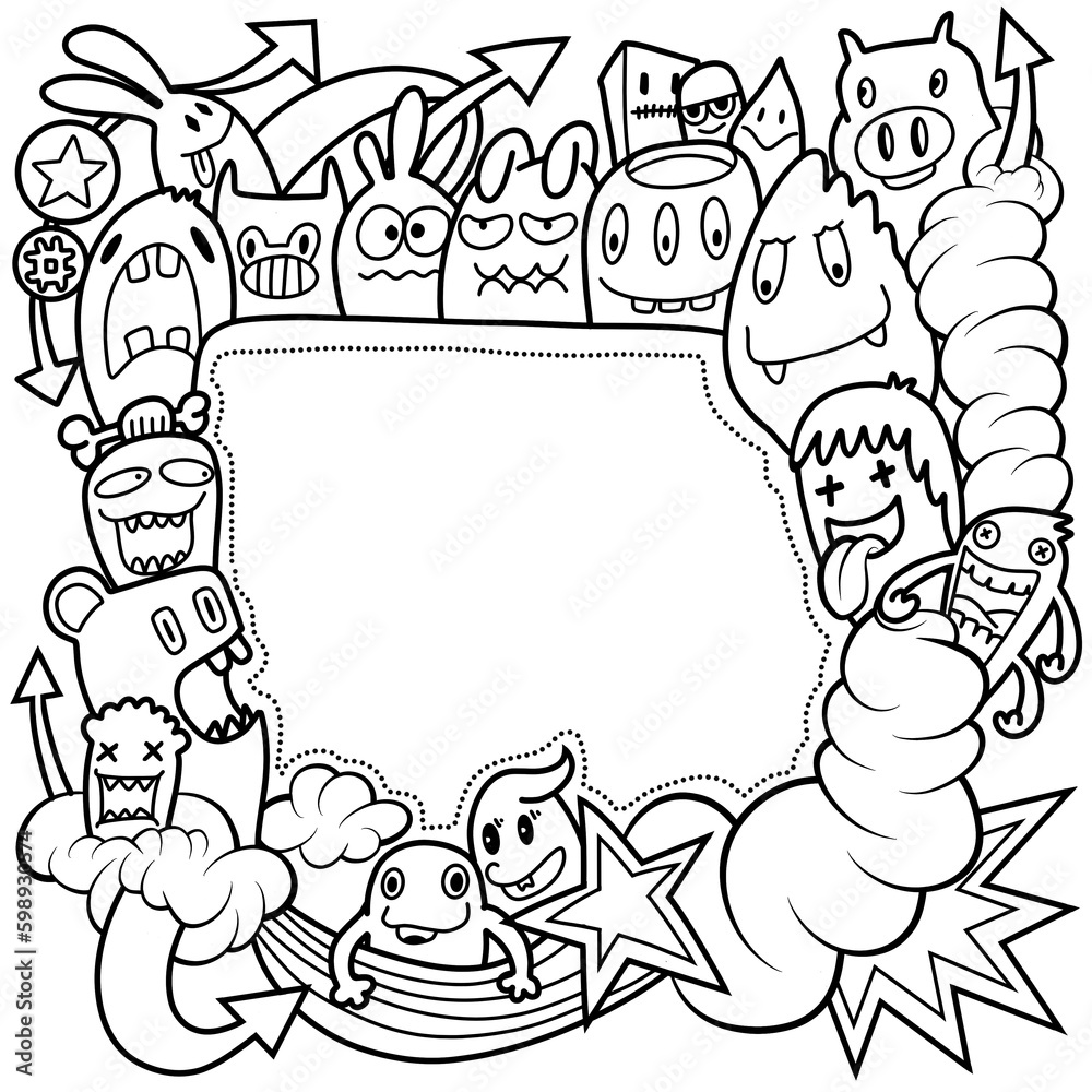 Hand-drawn illustrations, monsters doodle, Hand Drawn cartoon monster illustration,Cartoon crowd doodle hand-drawn Doodle style.black and white stripes coloring book. Hand-drawn illustrations, monsters doodle, Hand Drawn cartoon monster illustration,Cartoon crowd doodle hand-drawn Doodle style.black and white stripes coloring book.