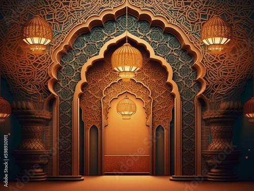 Mystical Arabic mosaic background  islamic pattern wallpaper on wall with lamp light. Generative AI.
