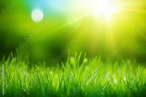 Fresh green grass background in sunny summer day. A natural spring garden background of fresh green grass for product display. generative ai. Blurred nature background