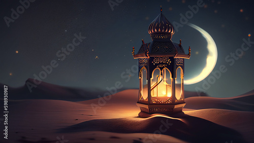 Arabic islamic pattern decoration lantern of ramadan muslim celebration background illustration on desert in the night. Generative AI
