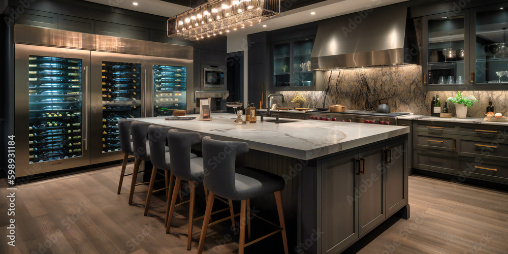 A close-up view of a luxury kitchen designed for hosting, featuring a large center island with seating and a built-in wine cooler