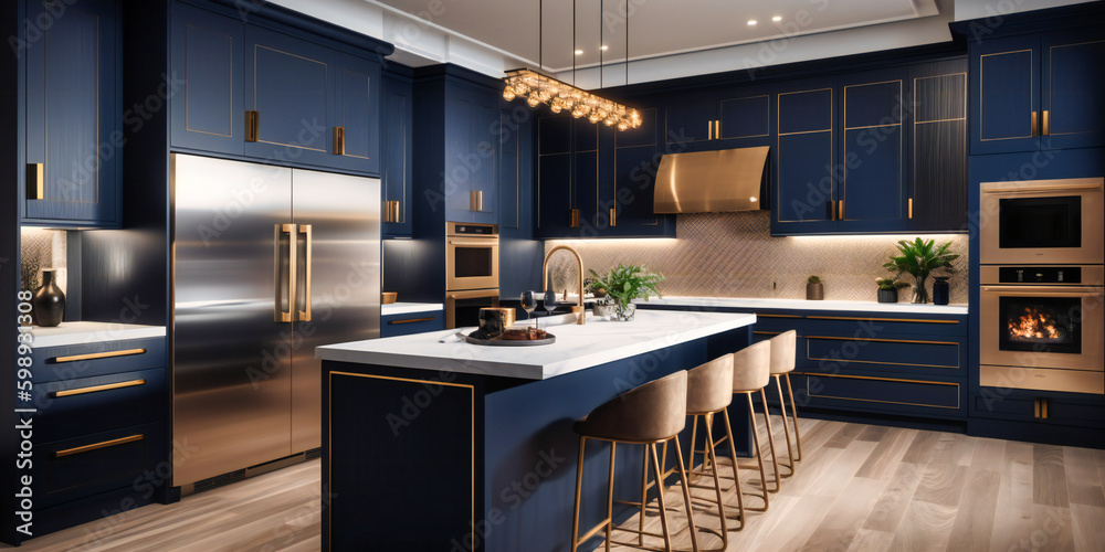 A mid-shot view of a modern luxury kitchen featuring navy blue ...
