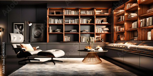 A contemporary home library featuring a bold chaise lounge and dramatic lighting