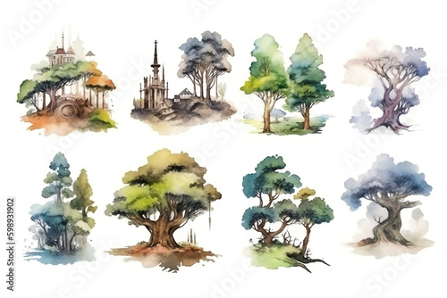 Vector set of watercolor style architectural hand drawn rough tree illustrations
