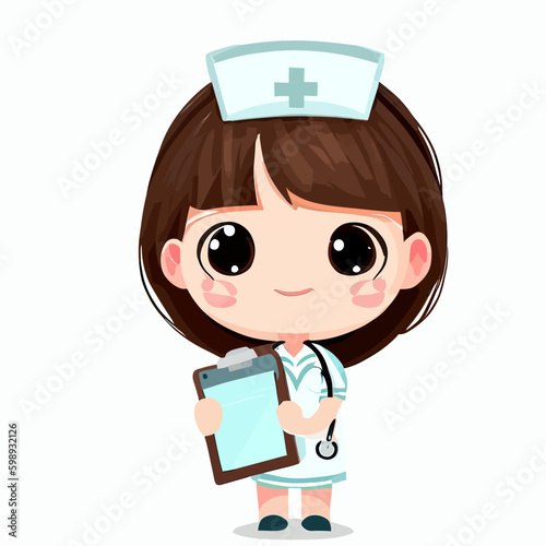 Cute little happy nurse with clipboard vector art