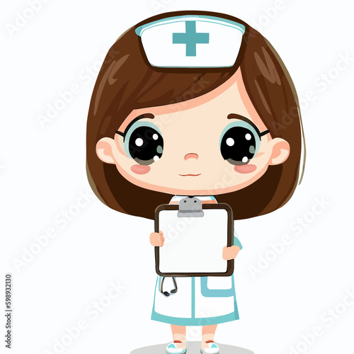 Cute little happy nurse with clipboard vector art