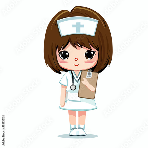 Cute little happy nurse with clipboard vector art