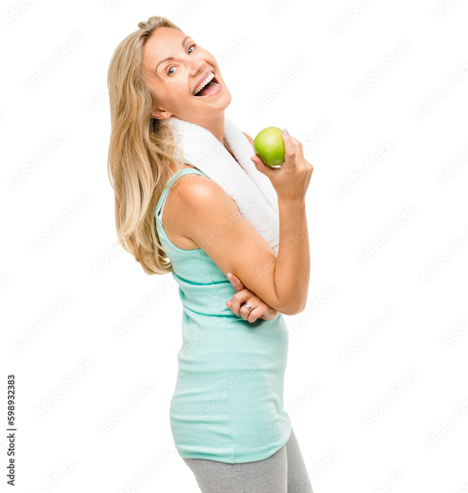Laughing her way to a svelte figure. a mature woman eating an apple against a studio background. Laughing her way to a svelte figure. a mature woman eating an apple against a studio background.