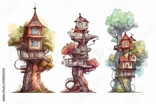 Vector set of watercolor style architectural hand drawn rough tree illustrations