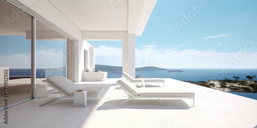 Luxury apartment terrace Santorini Interior of modern living room sofa or couch with beautiful sea view. Generative AI