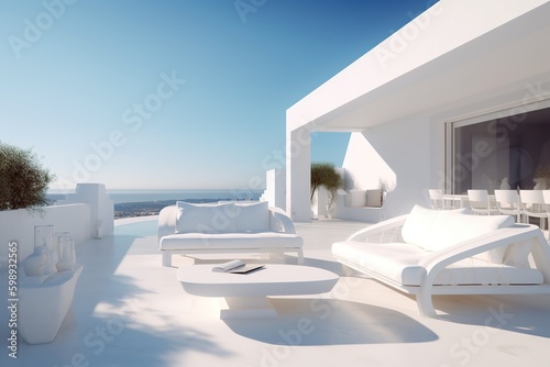 Luxury apartment terrace Santorini Interior of modern living room sofa or couch with beautiful sea view. Generative AI © AKKA