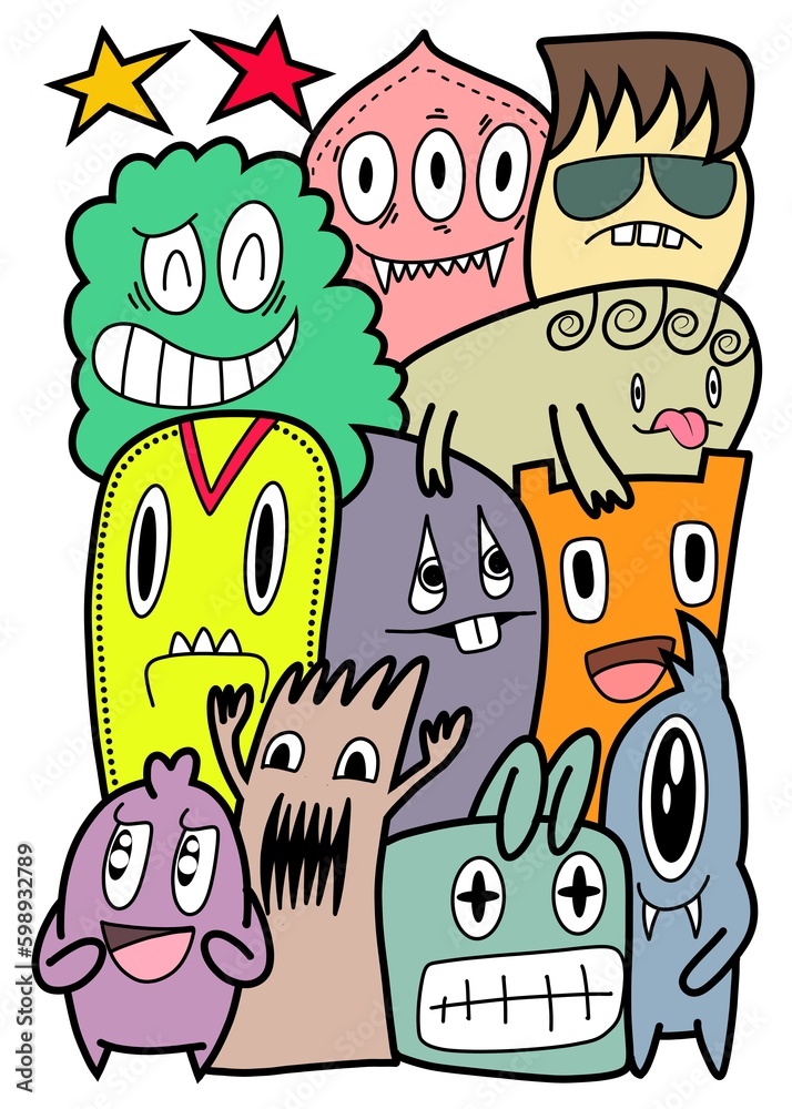 Hand-drawn illustrations, monsters doodle, Hand Drawn cartoon monster illustration,Cartoon crowd doodle hand-drawn Doodle style.