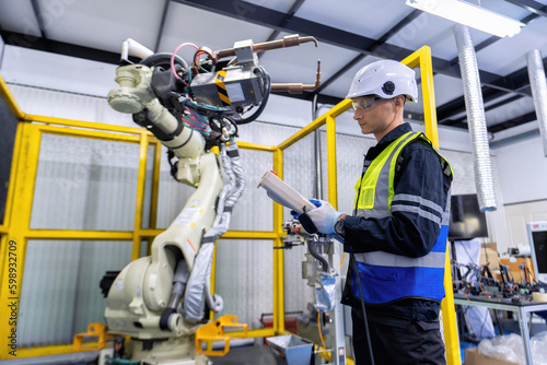 Engineer service robot welding in factory software programming operation test and commissioning