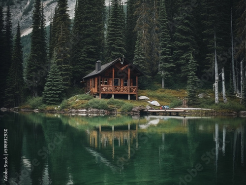 Wooden cabin by the lake in the forest. Nature with reflection sun daylight. Generative AI.