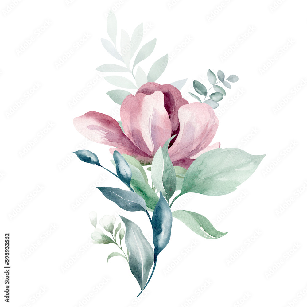Set of illustrations of watercolor flower bouquet - pale pink, green, pink flower, green leaf leaves, branches of bouquets collection. Wedding stationery, congratulations, wallpapers, backgrounds