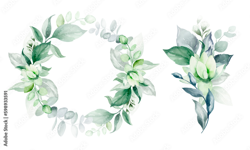 Set of illustrations of watercolor flower bouquet - pale pink, green, pink flower, green leaf leaves, branches of bouquets collection. Wedding stationery, congratulations, wallpapers, backgrounds