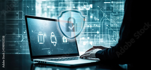 Cybersecurity privacy of data protection, businessman using laptop Secure encryption technology, security Internet access, security encryption of user private data, business confidentiality.